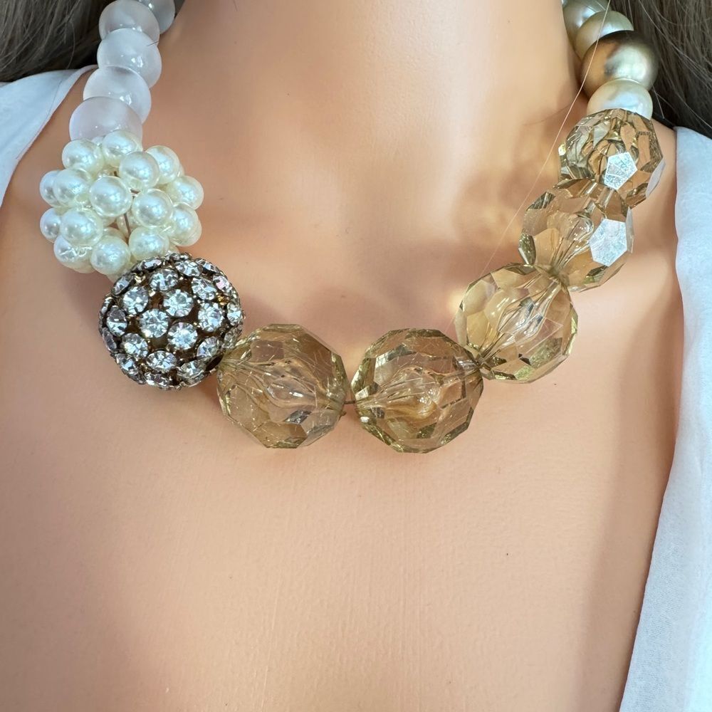 Zara Gold and Cream Statement Necklace with Crystal Accents